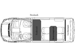 ELW1 Modell Stockach
Volkswagen Crafter 3640mm Radstand / Mercedes Benz Sprinter 3665mm Radstand, 2 Einzeldrehsitze in Front, Funktisch, 2er Sitzbank gedreht, 60cm Besprechungstisch, 2er Sitzbank (optional auch 3er Sitzbank), 50cm Geräteraum (7)